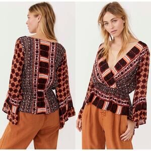 Free People Rosalie  Faux Wrap Top Size Small Bell Sleeve Boho Hippie Festival